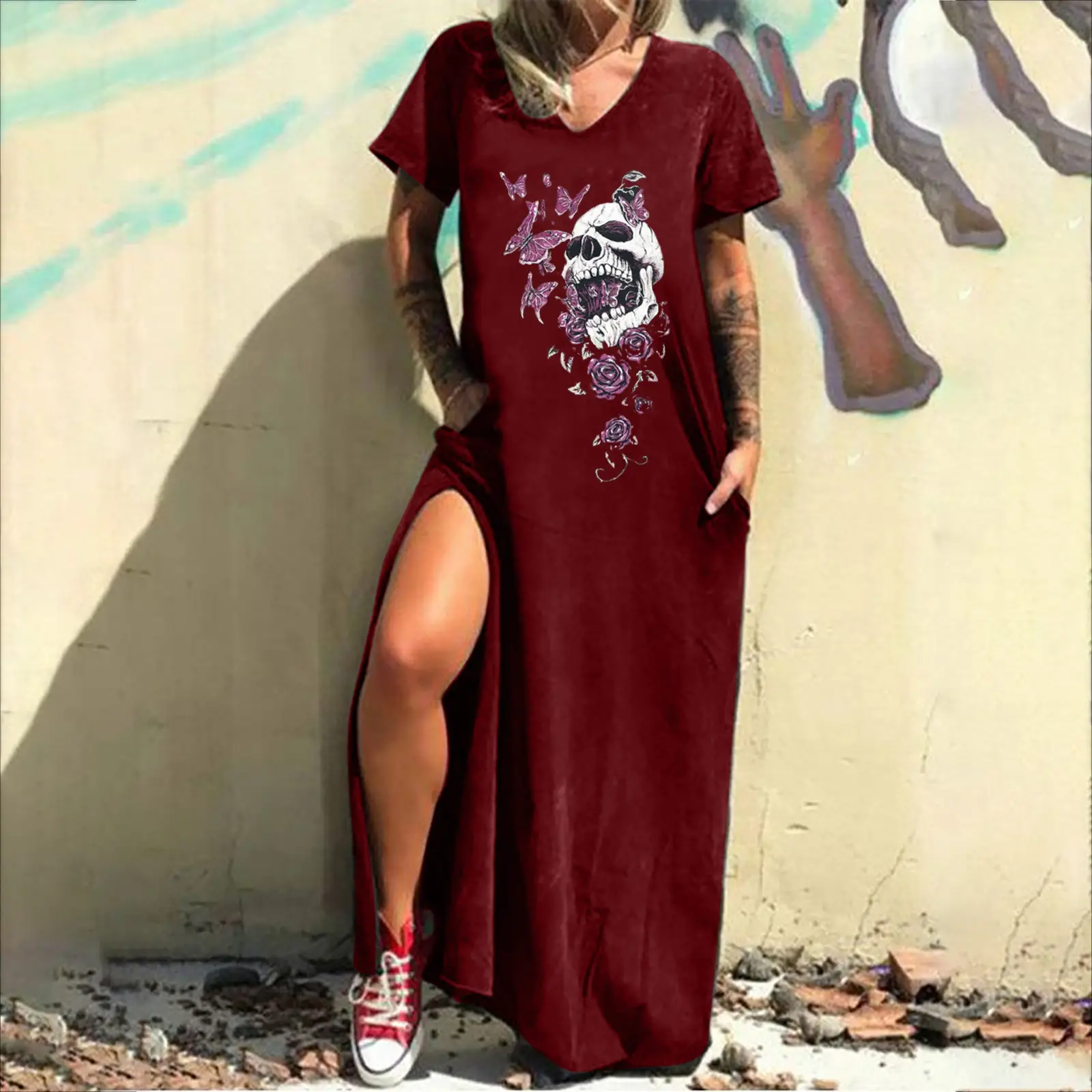 Maroon Hot Skull Print V-Neck Dress with Split Pocket - Image 27