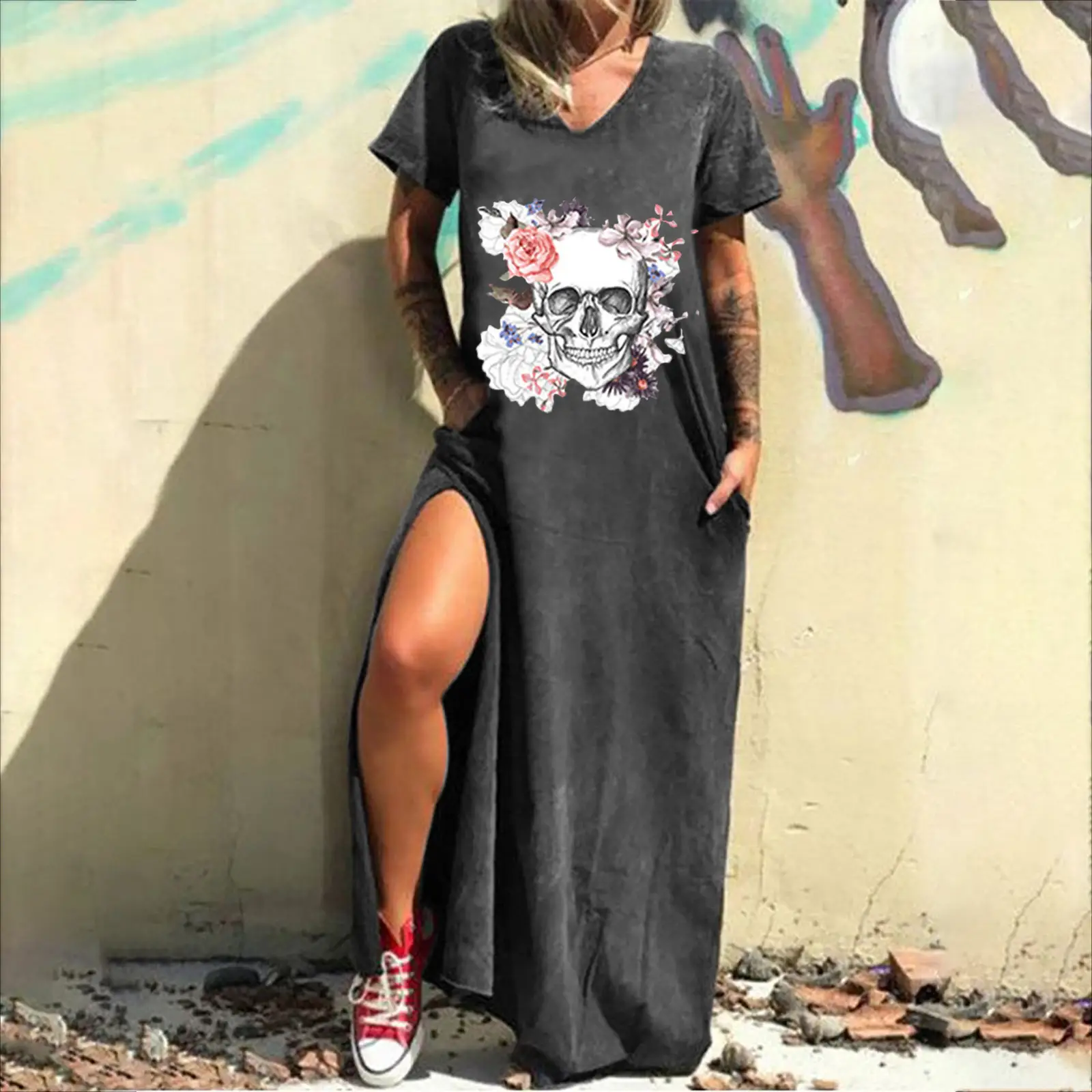 Maroon Hot Skull Print V-Neck Dress with Split Pocket - Image 28