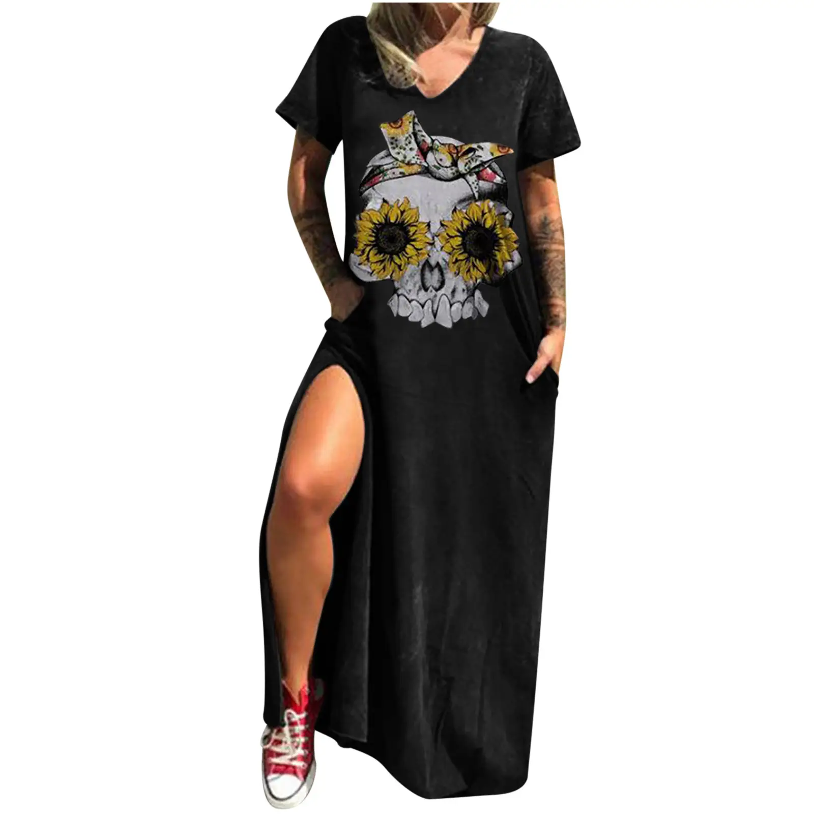 Maroon Hot Skull Print V-Neck Dress with Split Pocket - Image 29