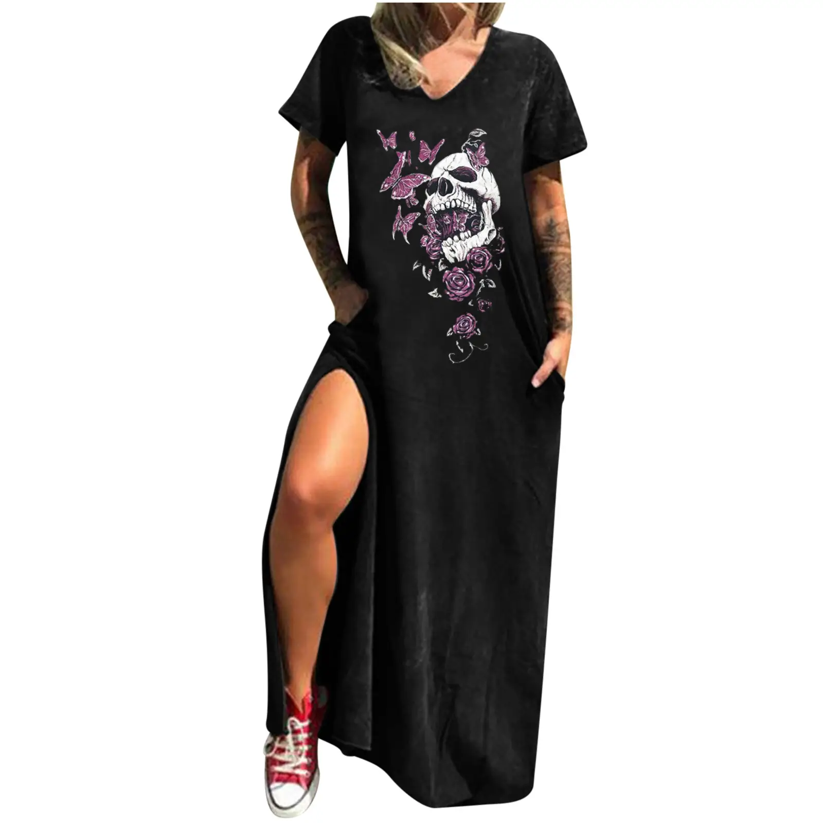 Maroon Hot Skull Print V-Neck Dress with Split Pocket - Image 10