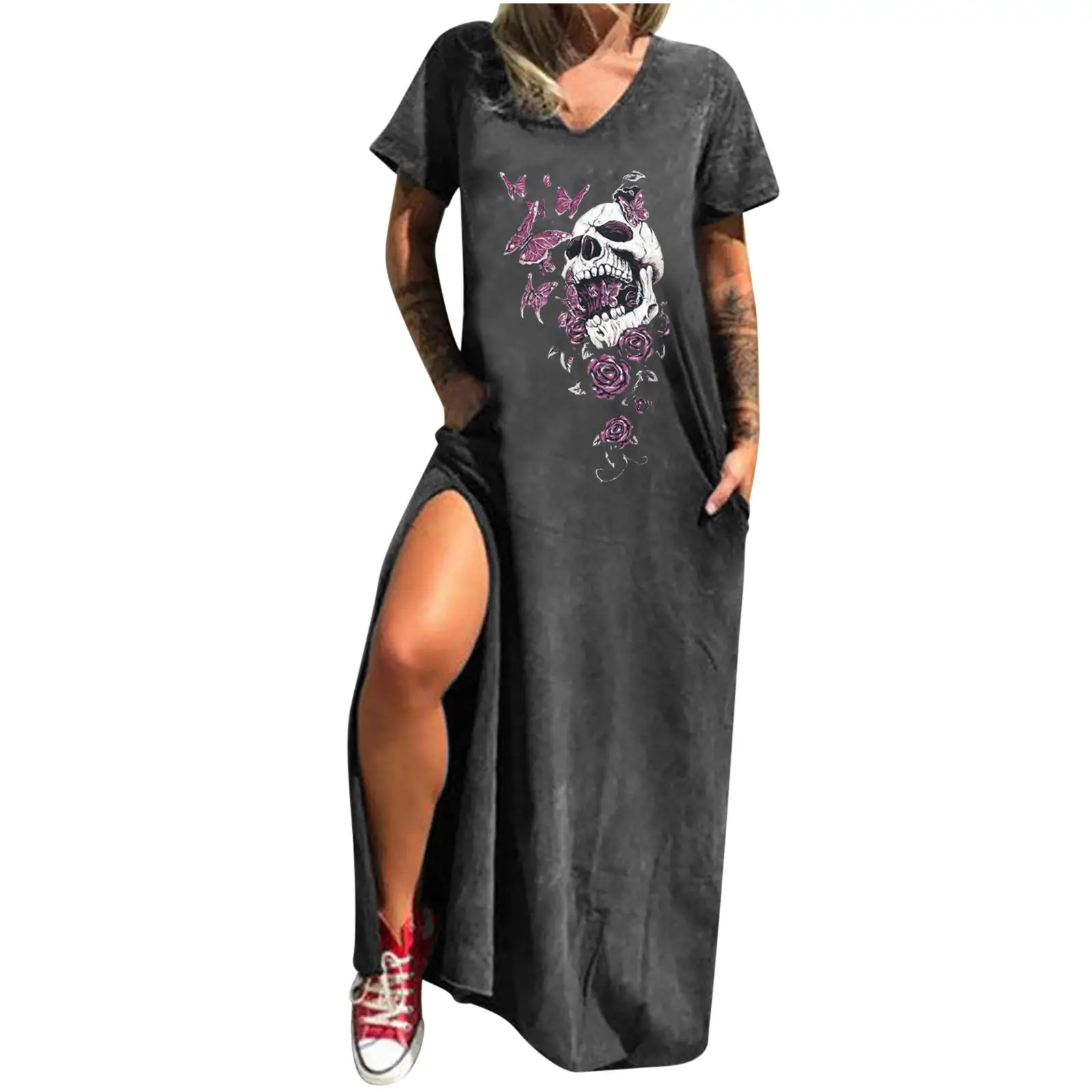 Maroon Hot Skull Print V-Neck Dress with Split Pocket - Image 11