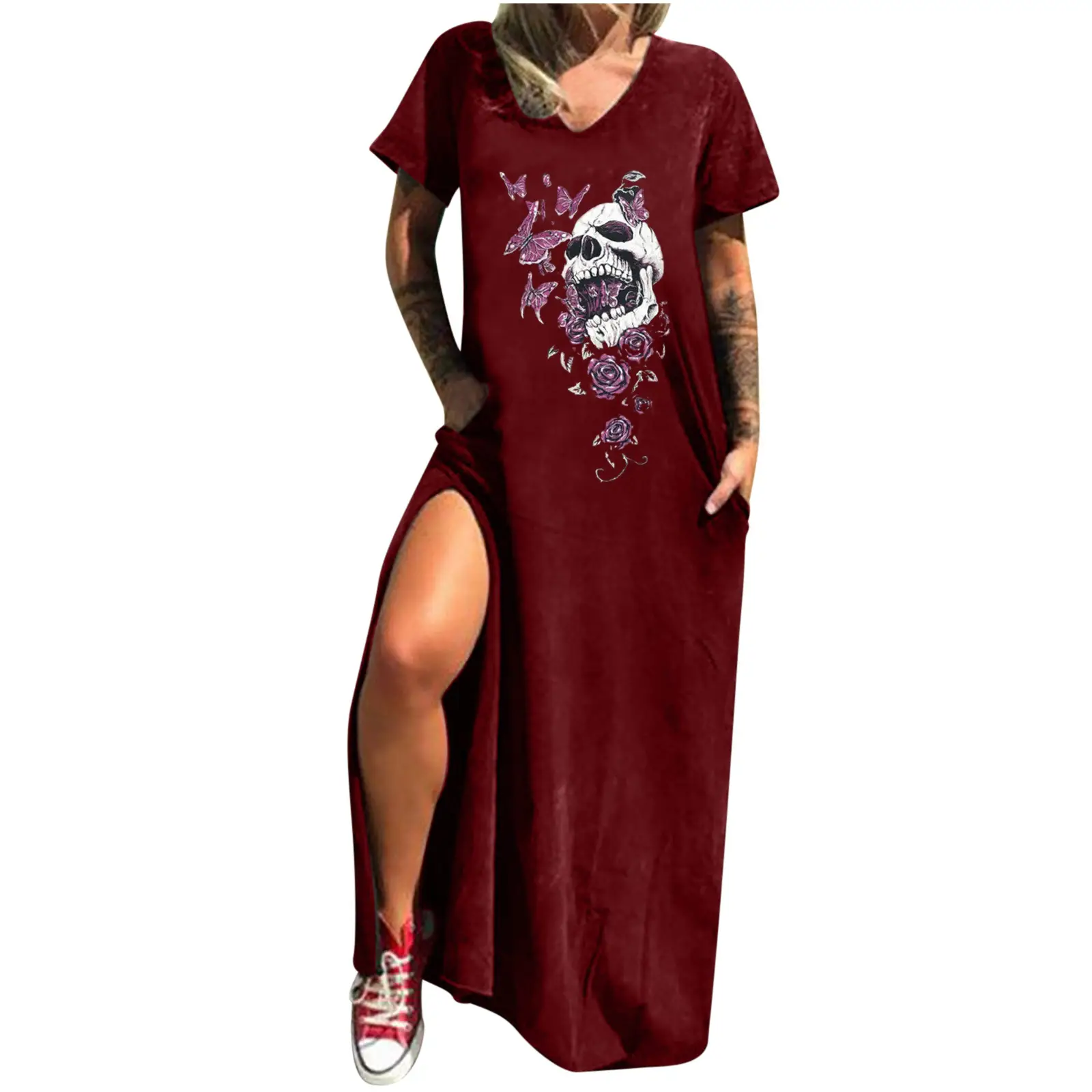 Maroon Hot Skull Print V-Neck Dress with Split Pocket - Image 12