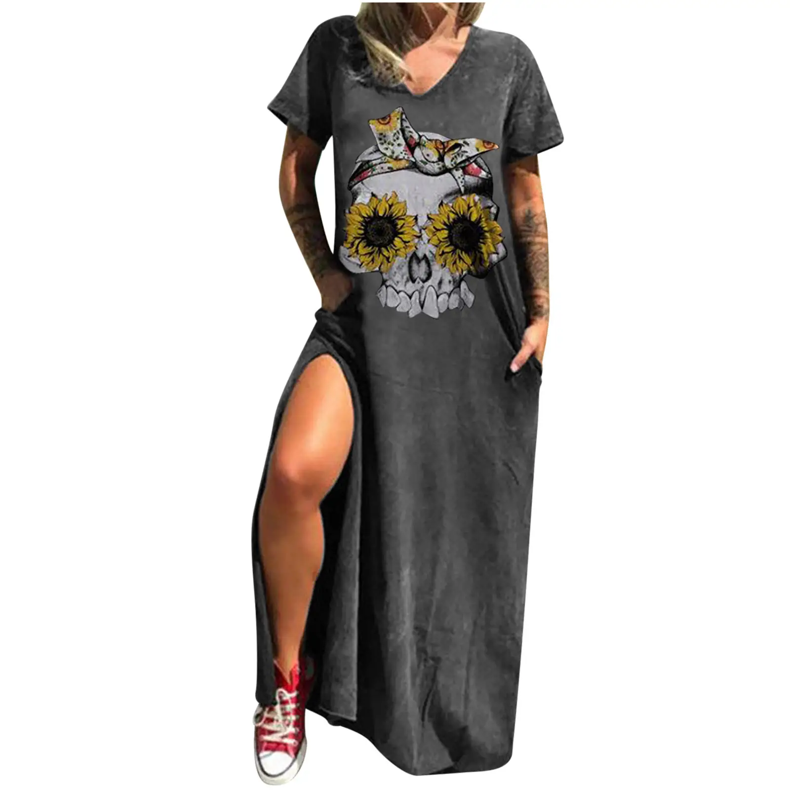 Maroon Hot Skull Print V-Neck Dress with Split Pocket - Image 14