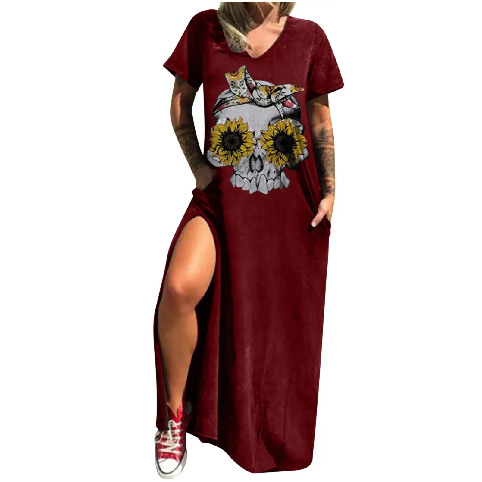 Maroon Hot Skull Print V-Neck Dress with Split Pocket - Image 15