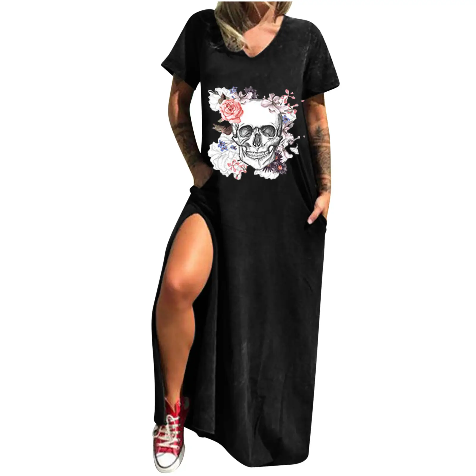 Maroon Hot Skull Print V-Neck Dress with Split Pocket - Image 16