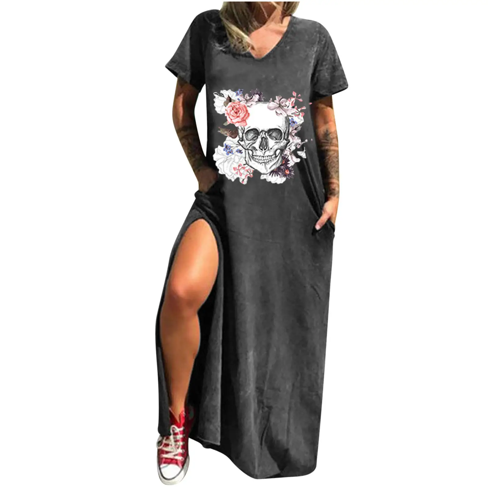 Maroon Hot Skull Print V-Neck Dress with Split Pocket - Image 17