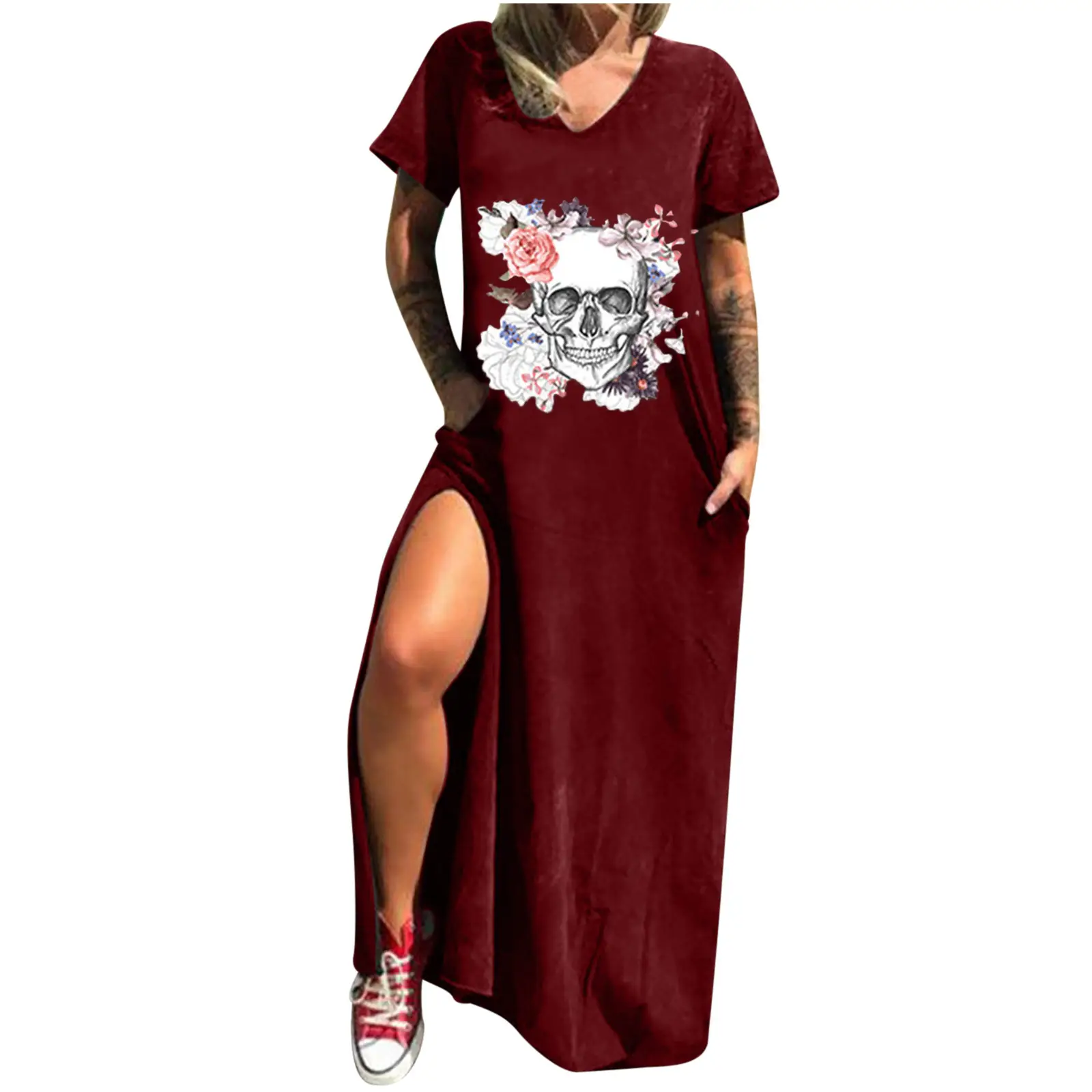 Maroon Hot Skull Print V-Neck Dress with Split Pocket - Image 18