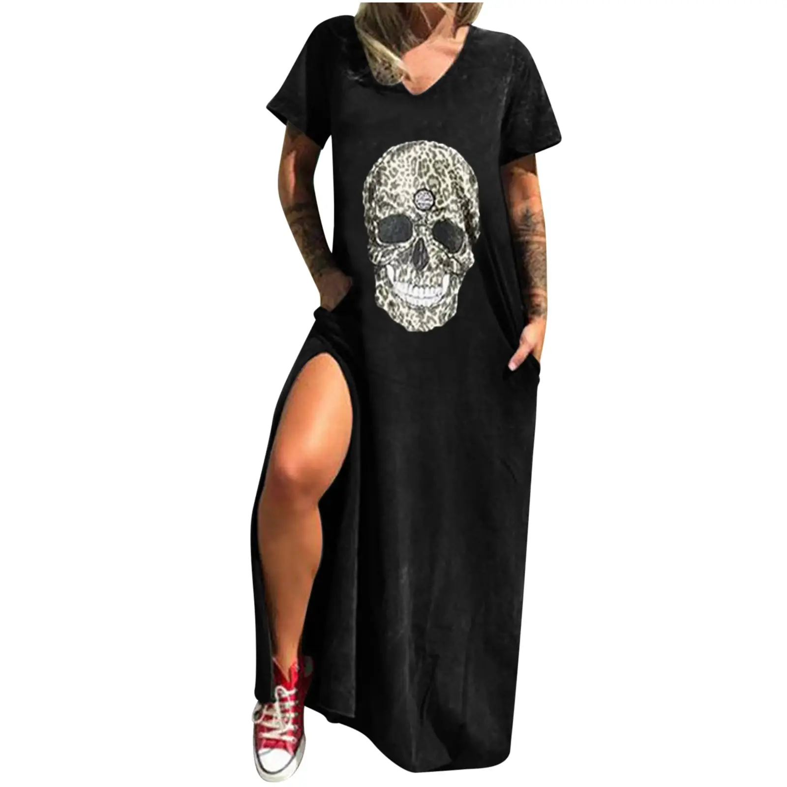 Maroon Hot Skull Print V-Neck Dress with Split Pocket - Image 19