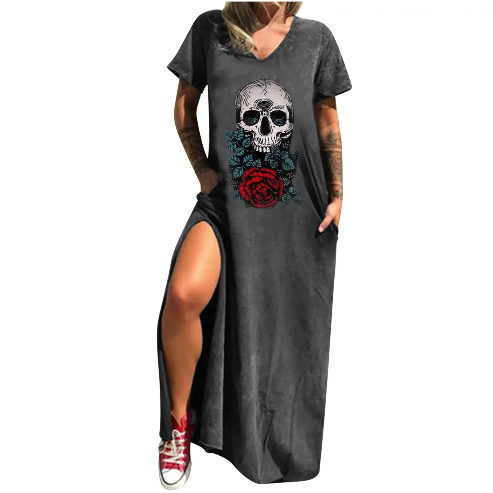 Maroon Hot Skull Print V-Neck Dress with Split Pocket - Image 2
