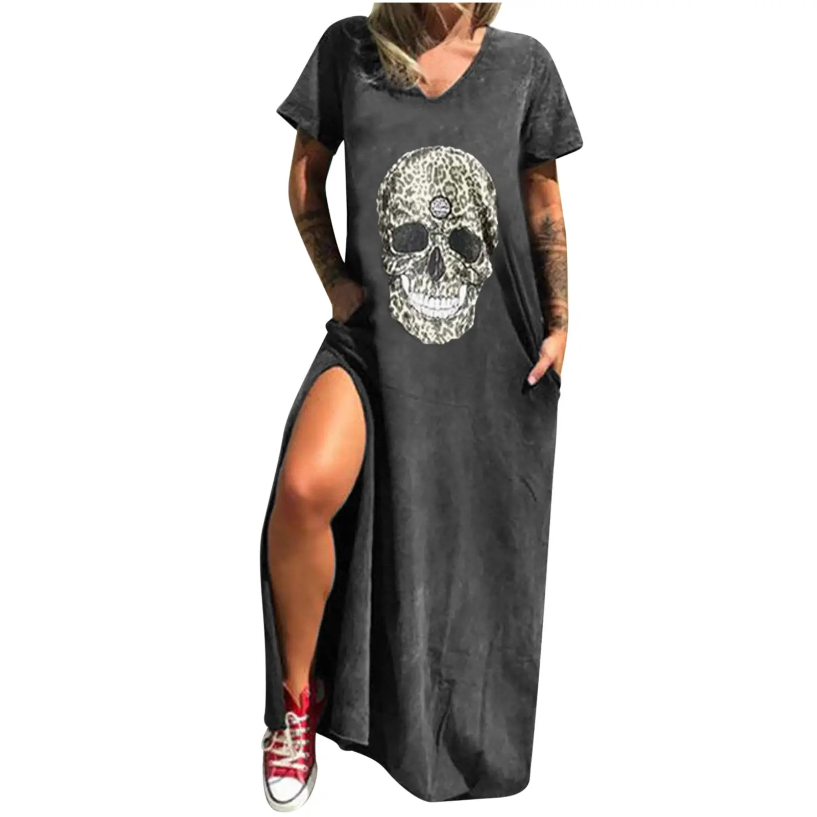 Maroon Hot Skull Print V-Neck Dress with Split Pocket - Image 20