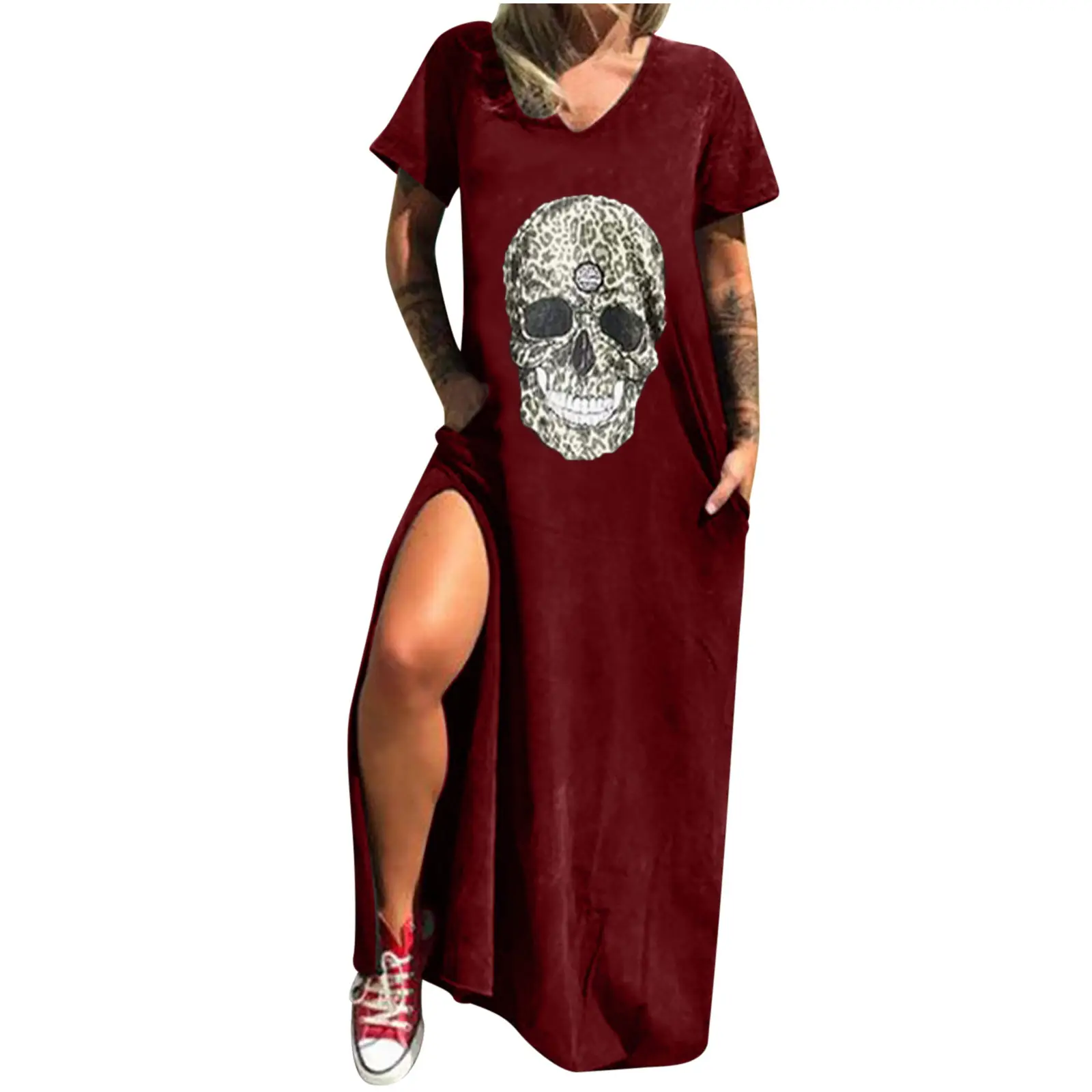 Maroon Hot Skull Print V-Neck Dress with Split Pocket - Image 21