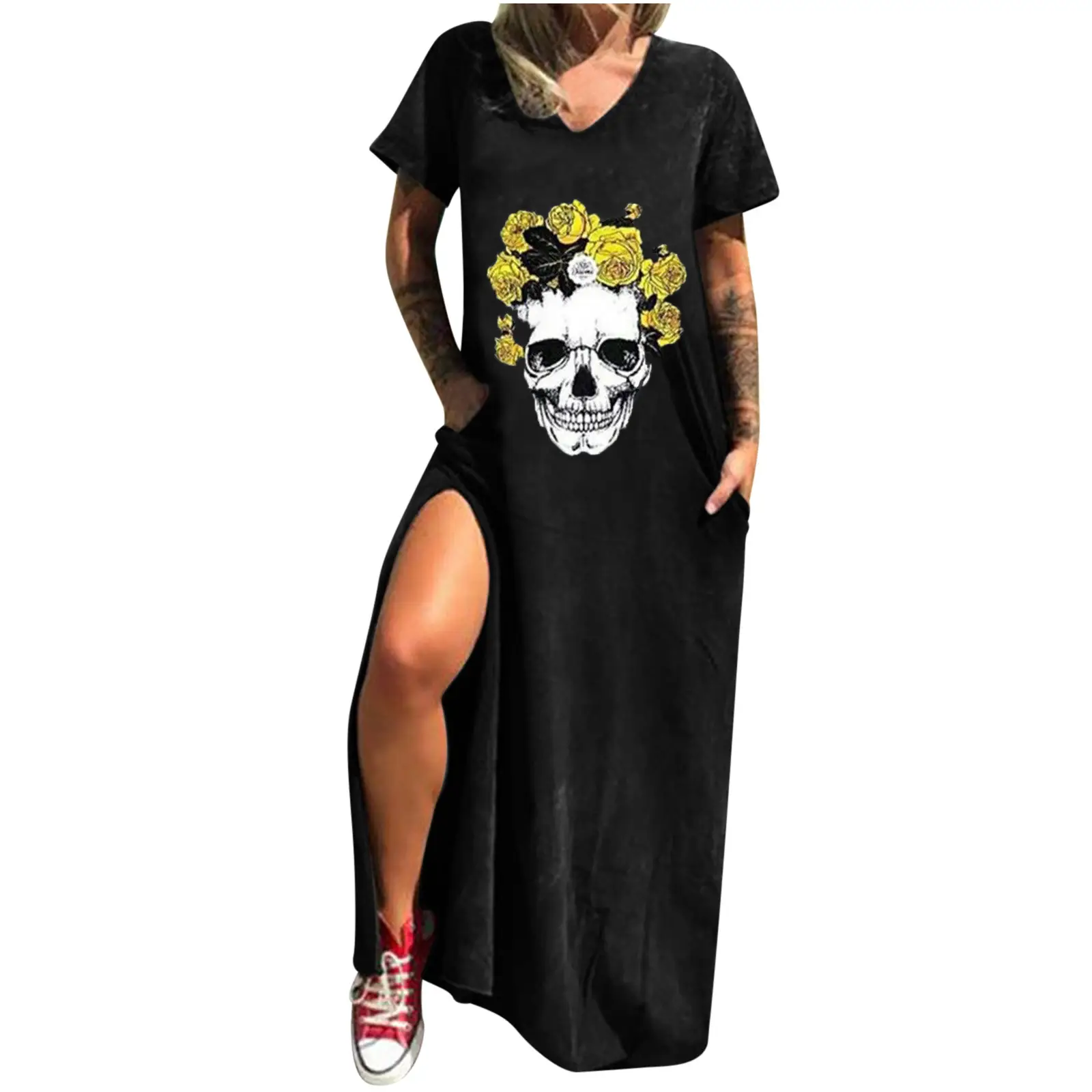 Maroon Hot Skull Print V-Neck Dress with Split Pocket - Image 22