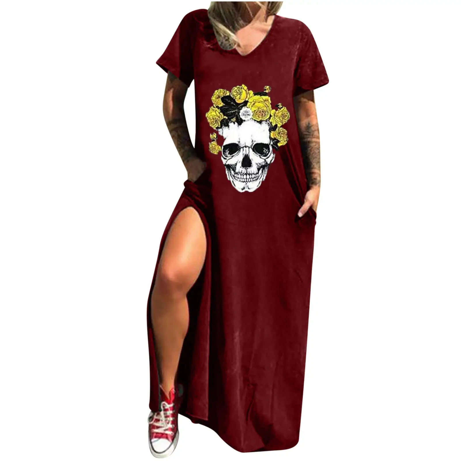 Maroon Hot Skull Print V-Neck Dress with Split Pocket - Image 24