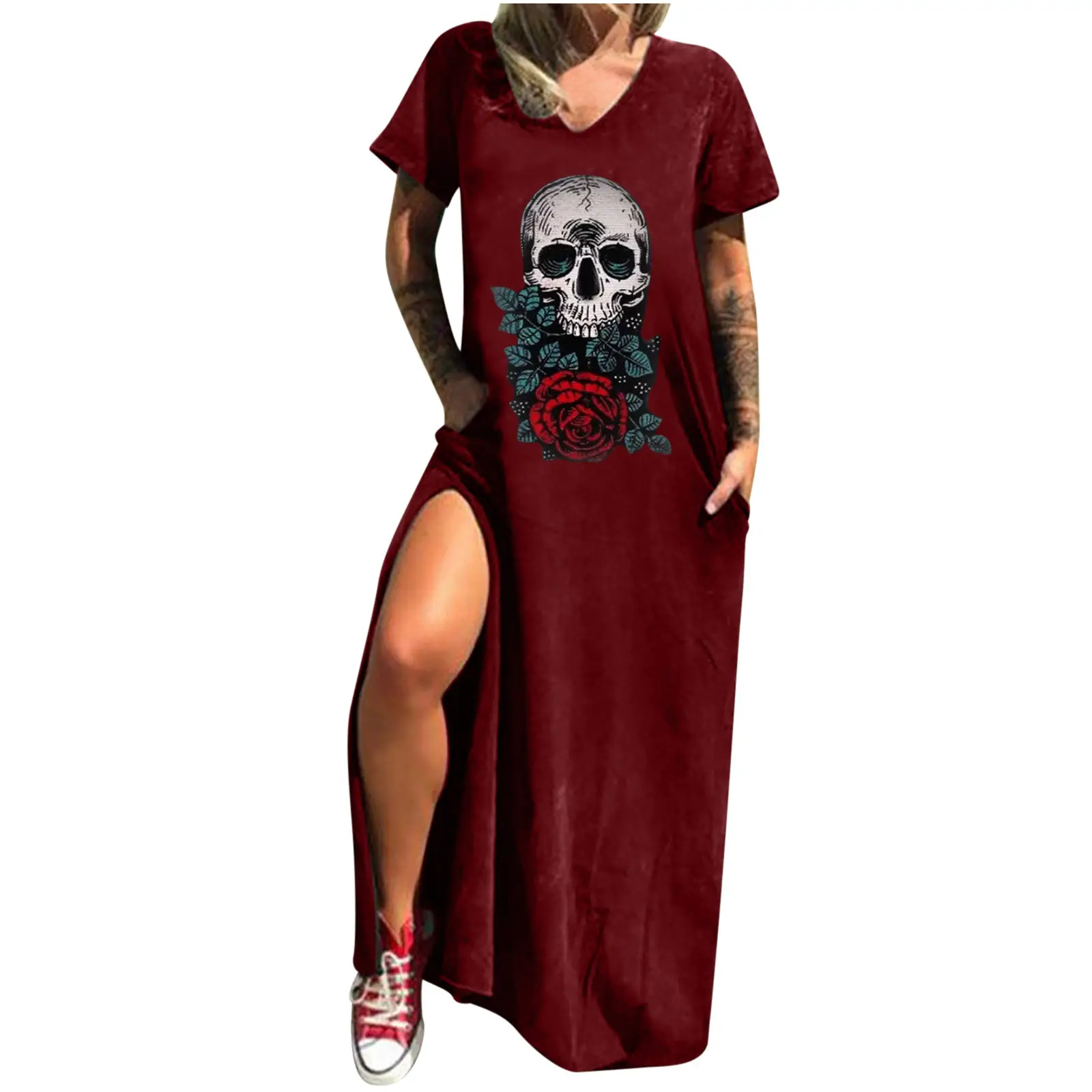 Maroon Hot Skull Print V-Neck Dress with Split Pocket - Image 3