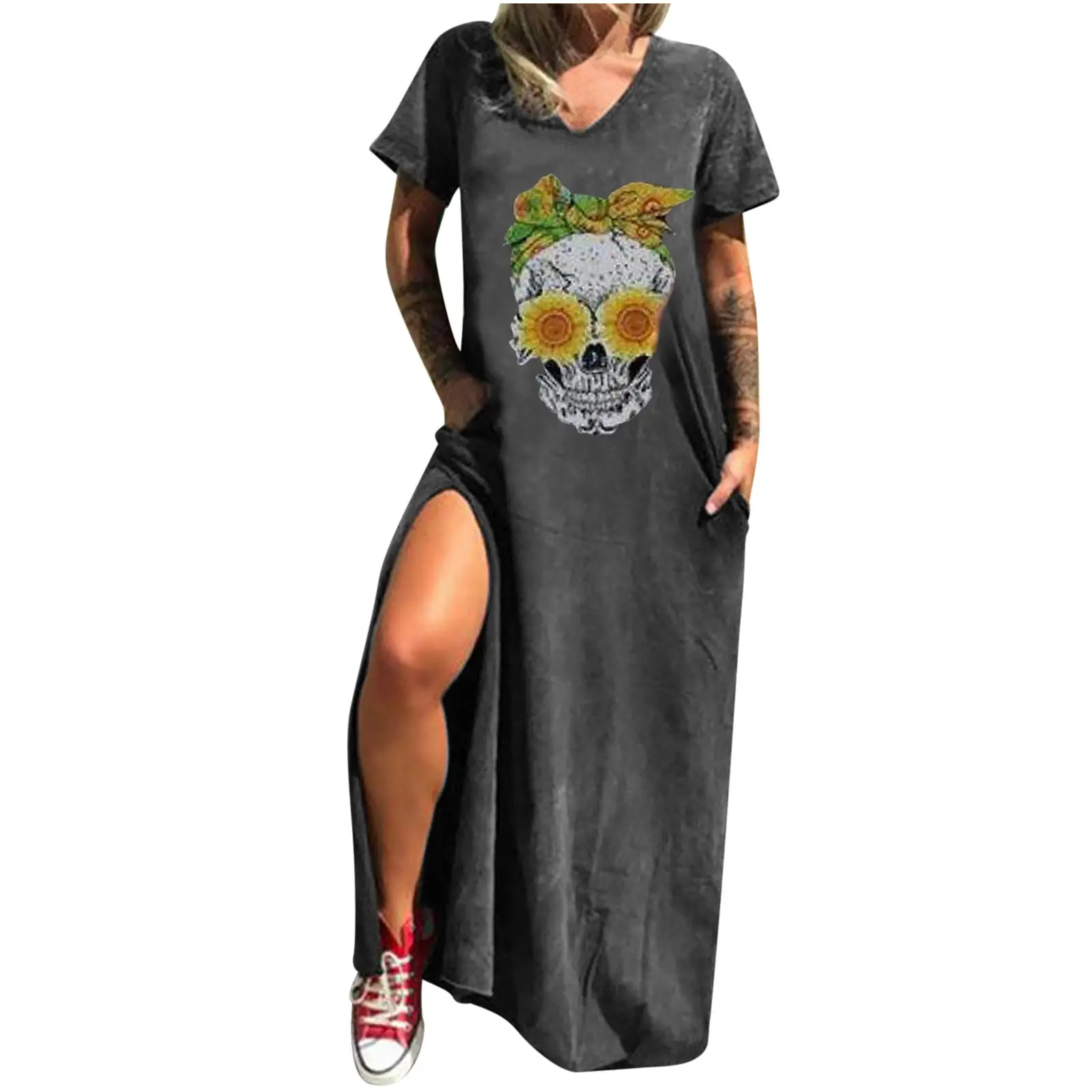Maroon Hot Skull Print V-Neck Dress with Split Pocket - Image 5