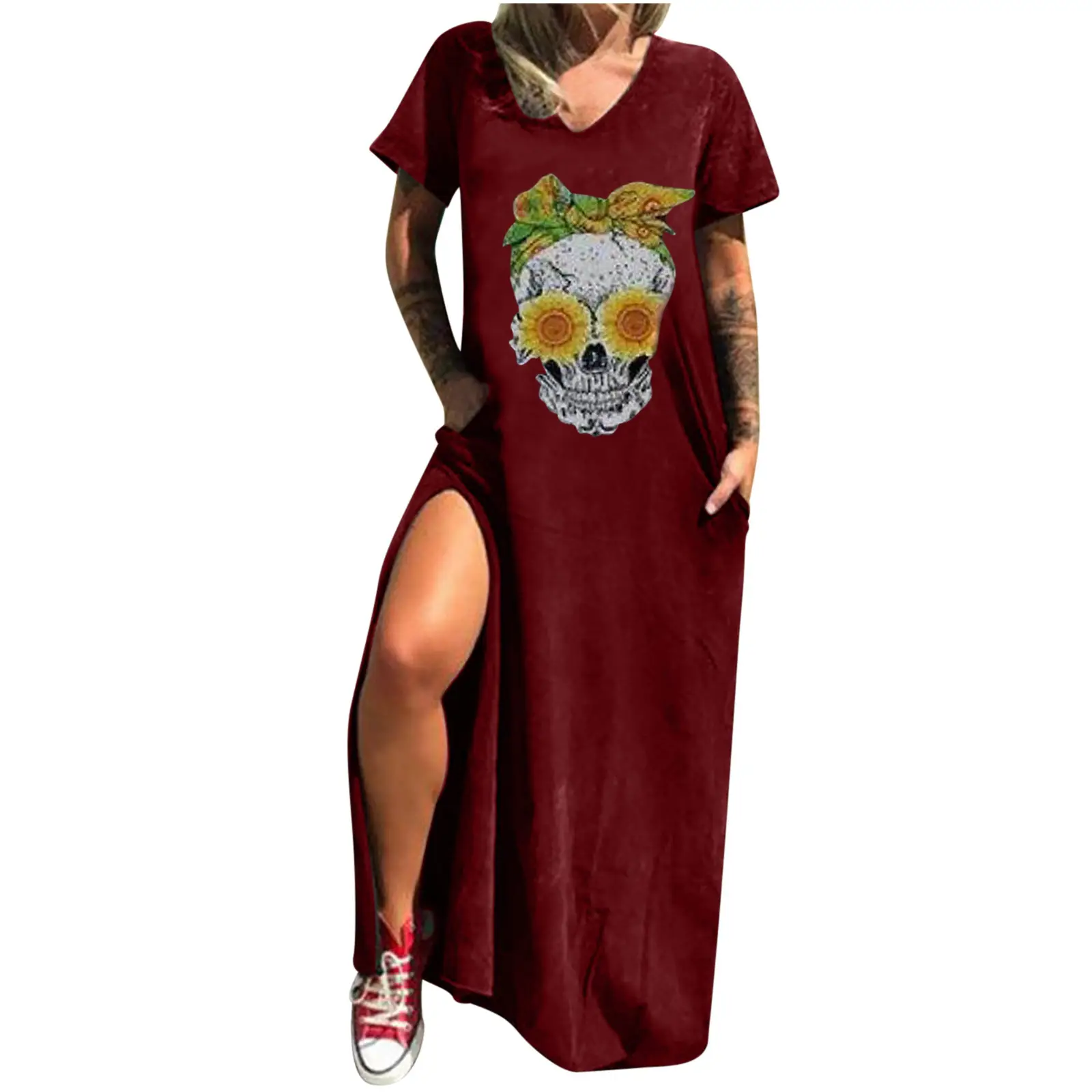 Maroon Hot Skull Print V-Neck Dress with Split Pocket - Image 6