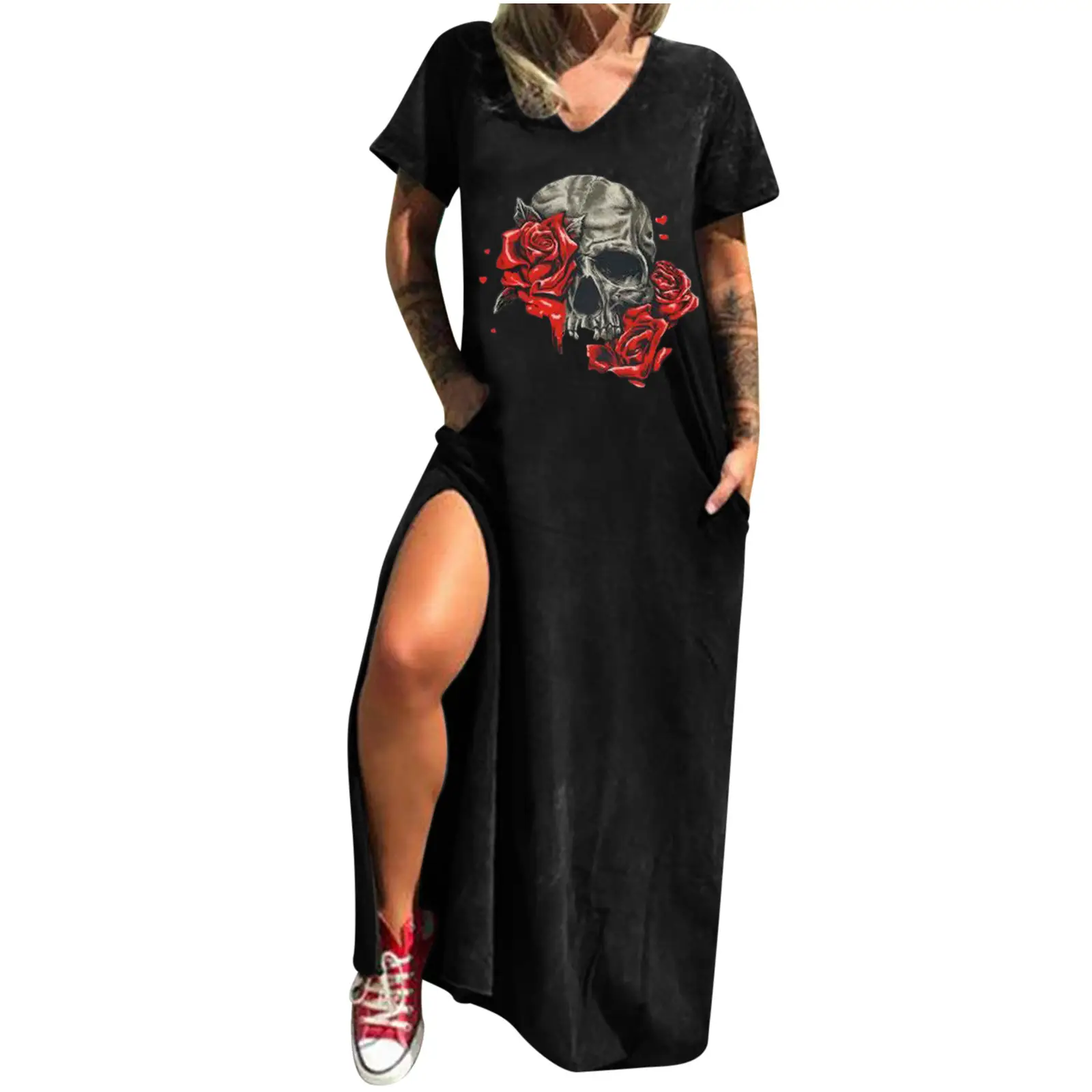 Maroon Hot Skull Print V-Neck Dress with Split Pocket - Image 7