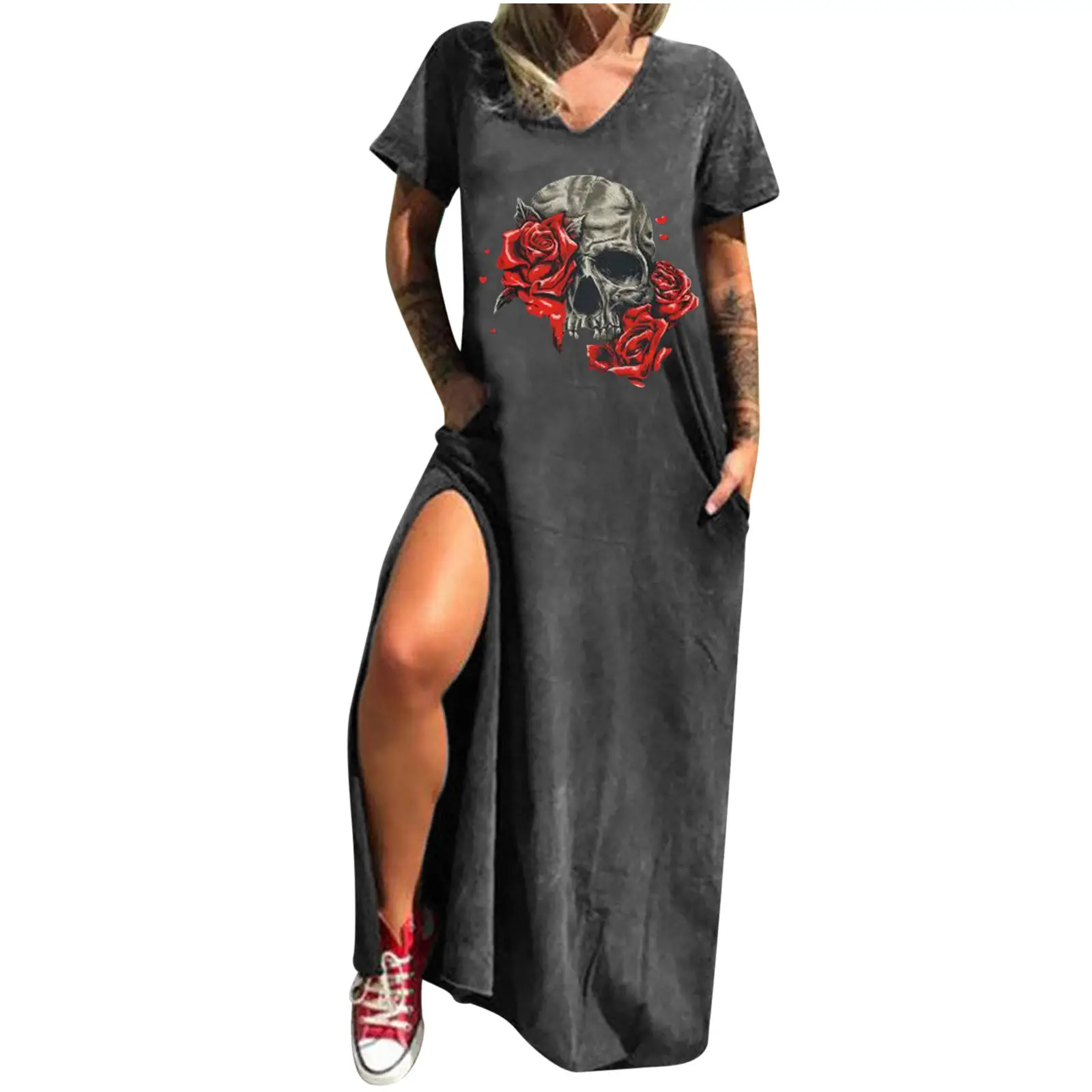 Maroon Hot Skull Print V-Neck Dress with Split Pocket - Image 8