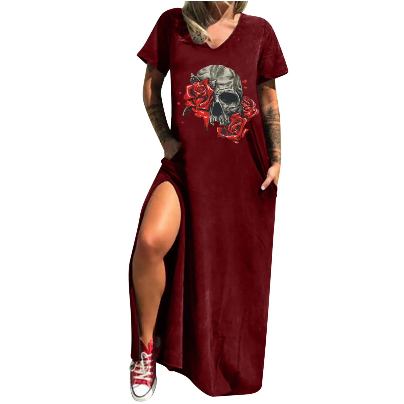 Maroon Hot Skull Print V-Neck Dress with Split Pocket - Image 9