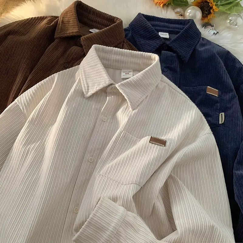 Men's Long Sleeve Corduroy Shirt Coat Set Brown Blue - Image 4