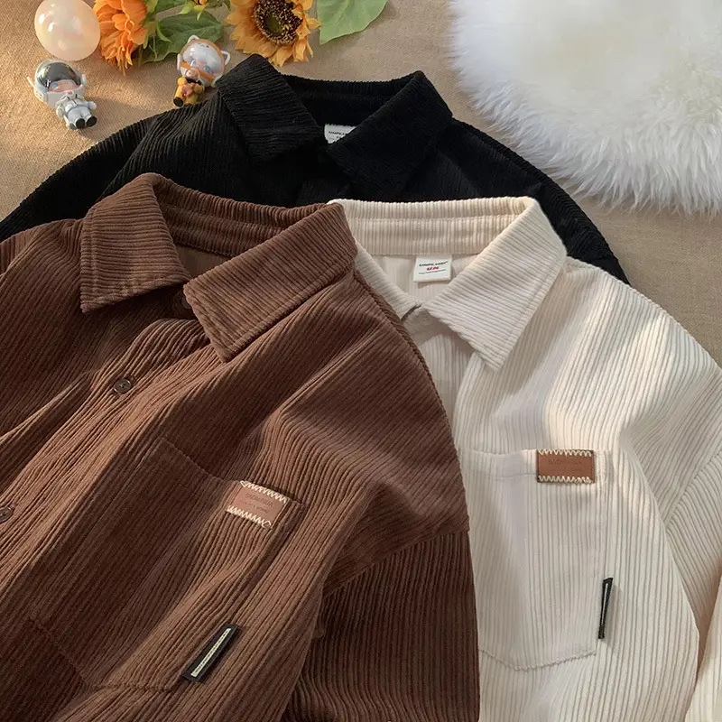 Men's Long Sleeve Corduroy Shirt Coat Set Brown Blue - Image 6