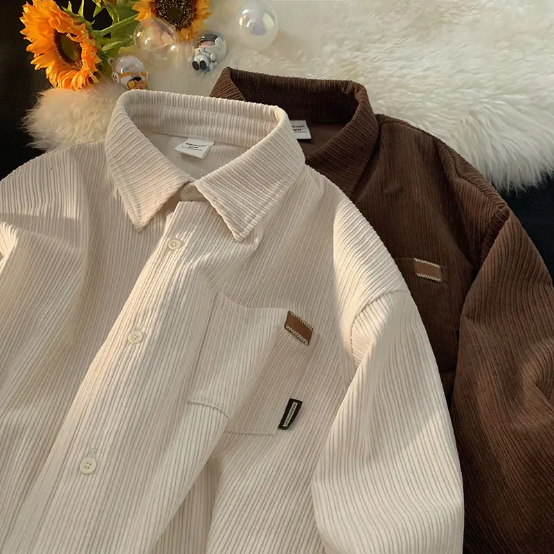 Men's Long Sleeve Corduroy Shirt Coat Set Brown Blue - Image 7