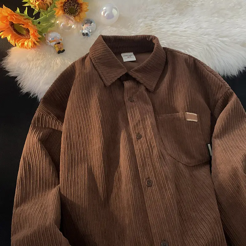 Men's Long Sleeve Corduroy Shirt Coat Set Brown Blue - Image 2