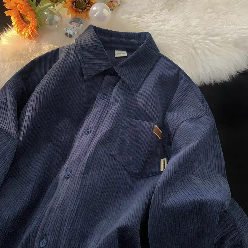 Men's Long Sleeve Corduroy Shirt Coat Set Brown Blue - Image 3