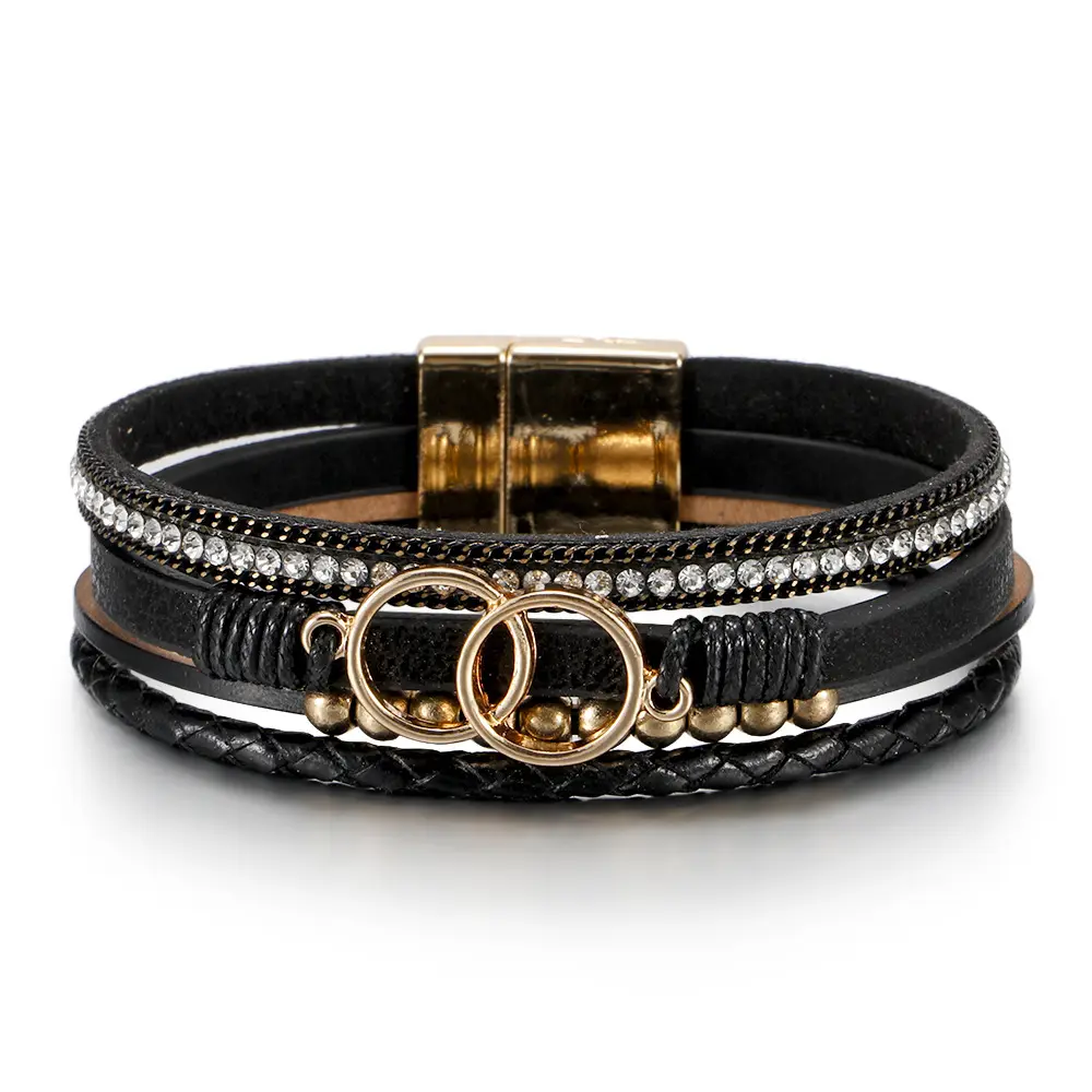 Multi Layer Woven Leather Bracelet with Magnetic Buckle - Image 2