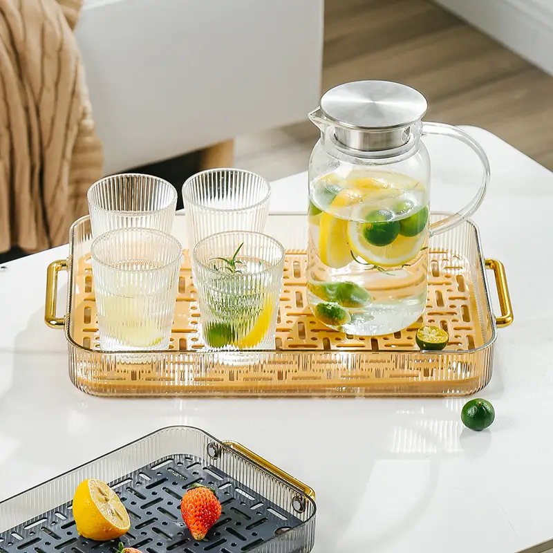 Rectangular Tea Tray with Glass Cups & Light