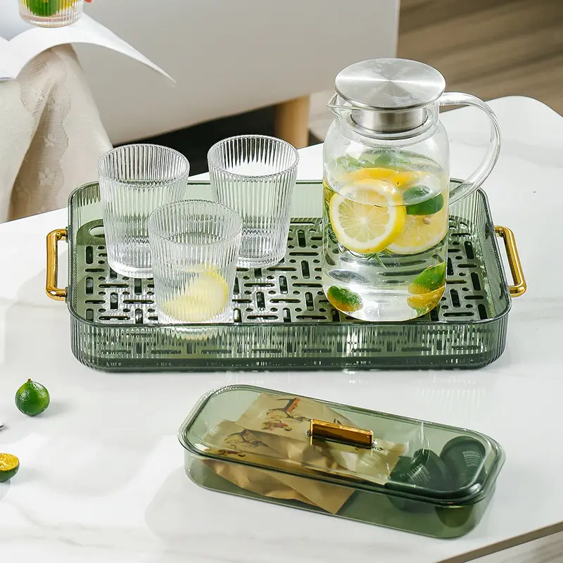 Rectangular Tea Tray with Glass Cups & Light