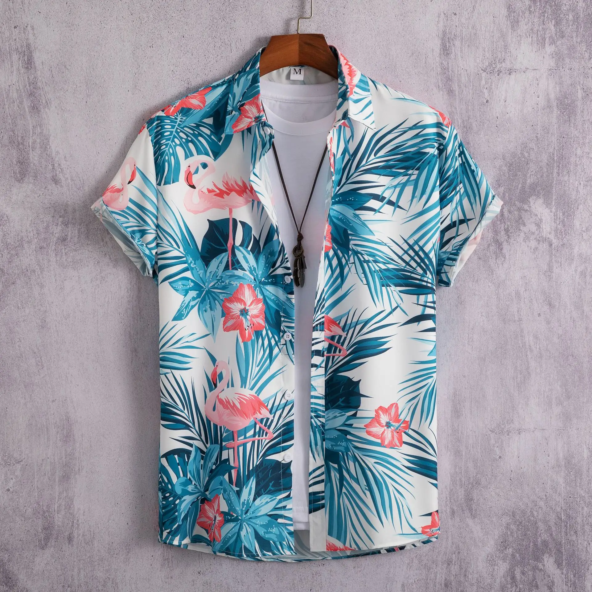 Men's 2022 Printed Short Sleeve Shirt with Pink Flamingos - Image 2