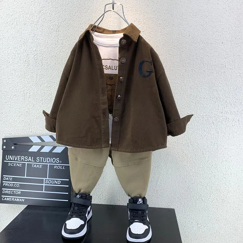 Children's 3-Piece Autumn Long Sleeve Shirt Set Brown White Pants - Image 5