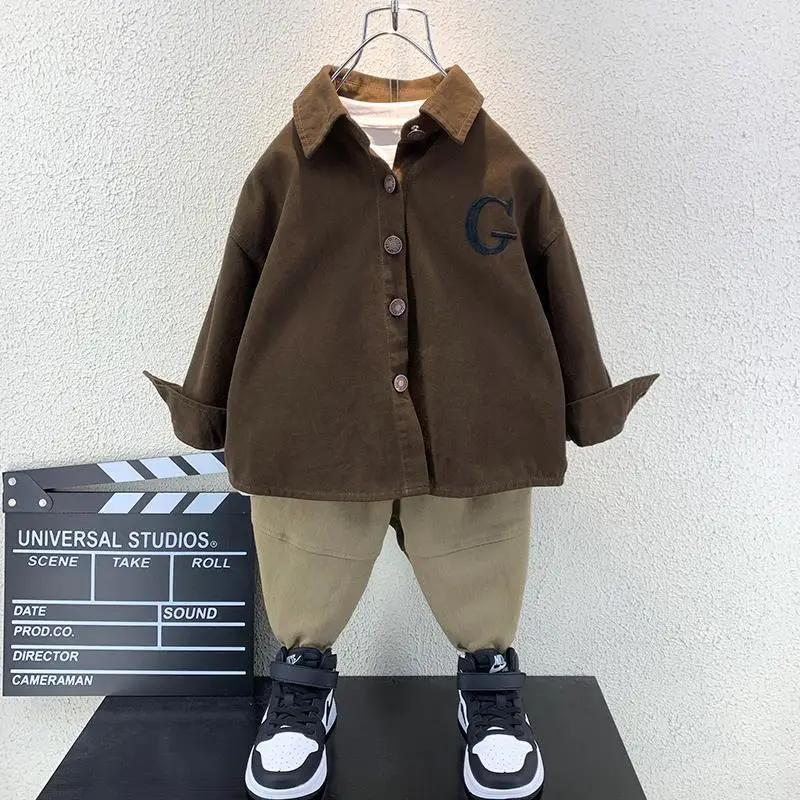 Children's 3-Piece Autumn Long Sleeve Shirt Set Brown White Pants - Image 6