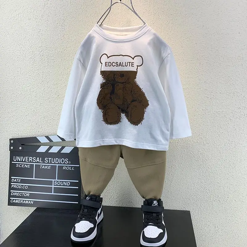 Children's 3-Piece Autumn Long Sleeve Shirt Set Brown White Pants - Image 7