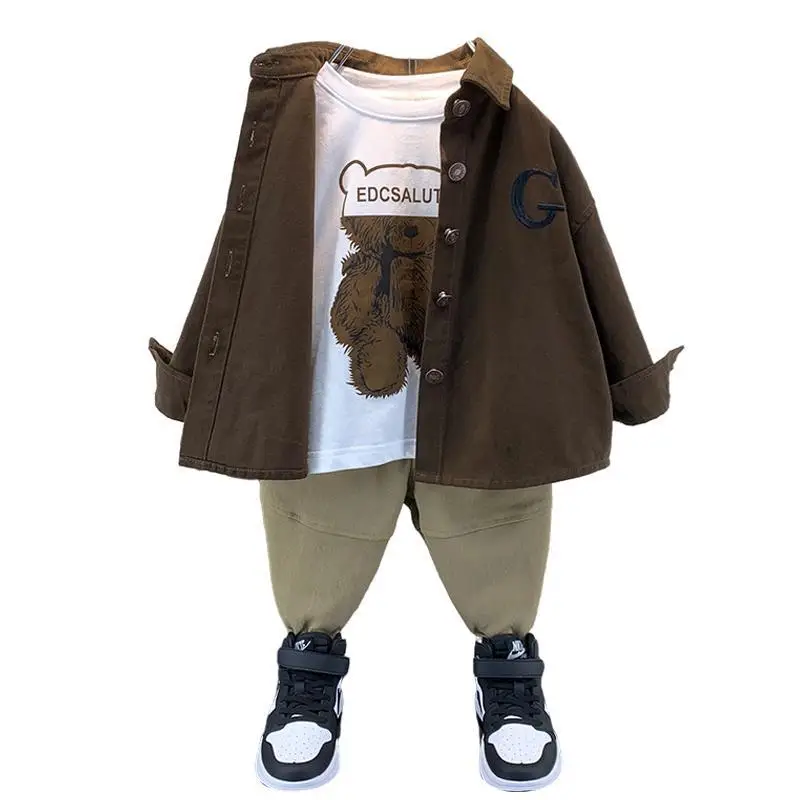 Children's 3-Piece Autumn Long Sleeve Shirt Set Brown White Pants - Image 8