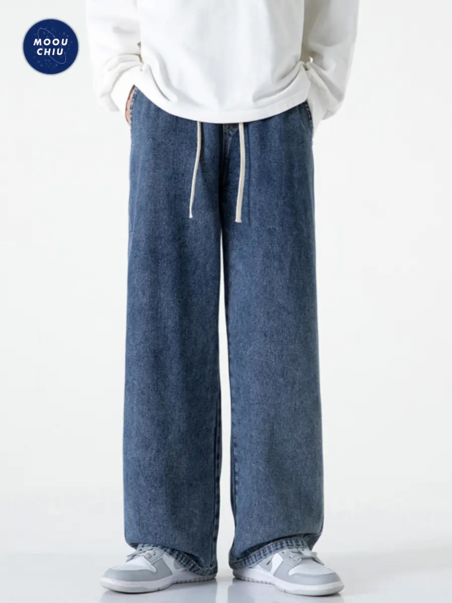 Muqiu Men Fleece-Lined Wide Leg Jeans Blue Grey Washed - Image 3