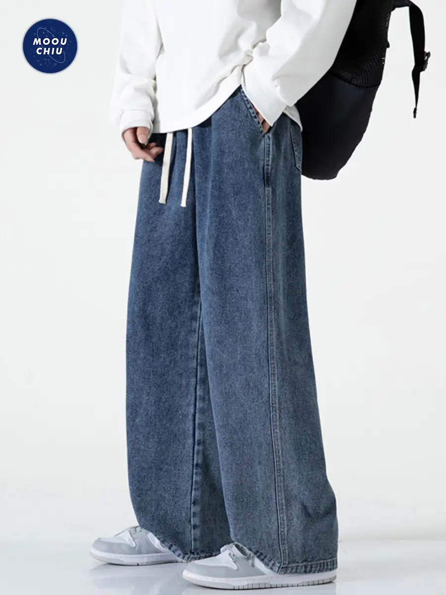 Muqiu Men Fleece-Lined Wide Leg Jeans Blue Grey Washed - Image 4