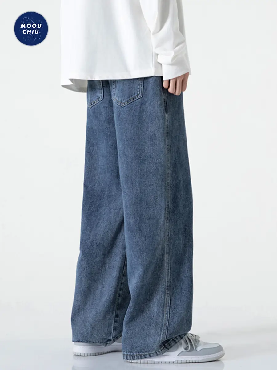 Muqiu Men Fleece-Lined Wide Leg Jeans Blue Grey Washed - Image 5