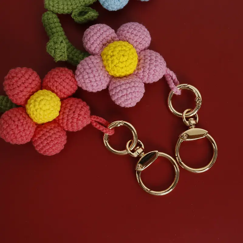 Red Flower Crocheted Pendant with Green Stem