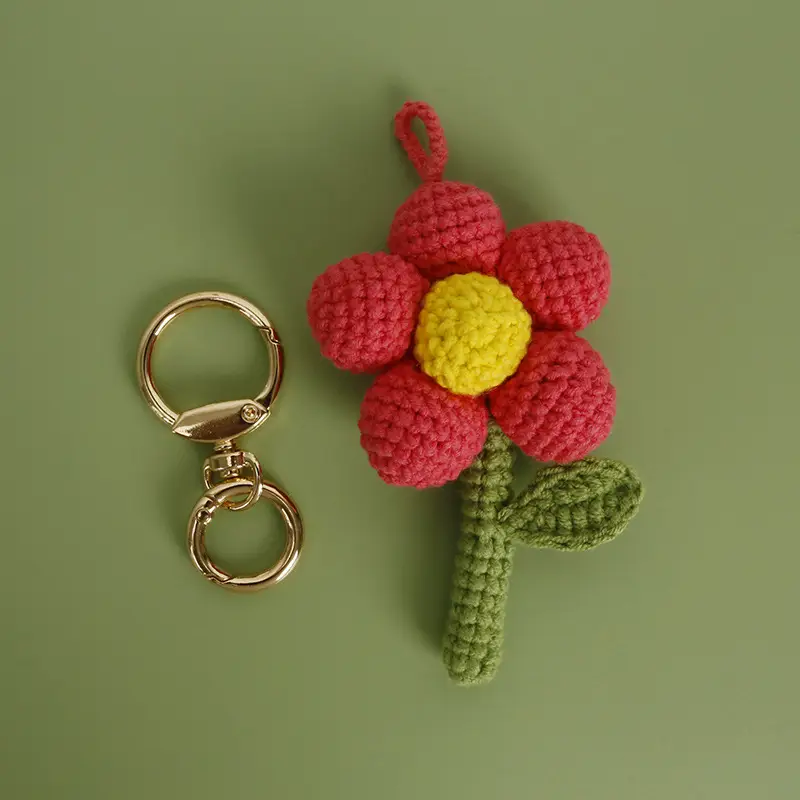 Red Flower Crocheted Pendant with Green Stem