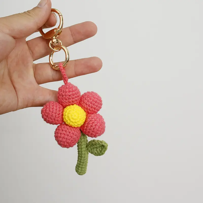 Red Flower Crocheted Pendant with Green Stem
