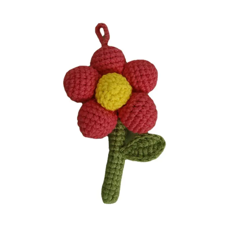 Red Flower Crocheted Pendant with Green Stem