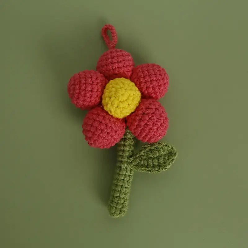 Red Flower Crocheted Pendant with Green Stem