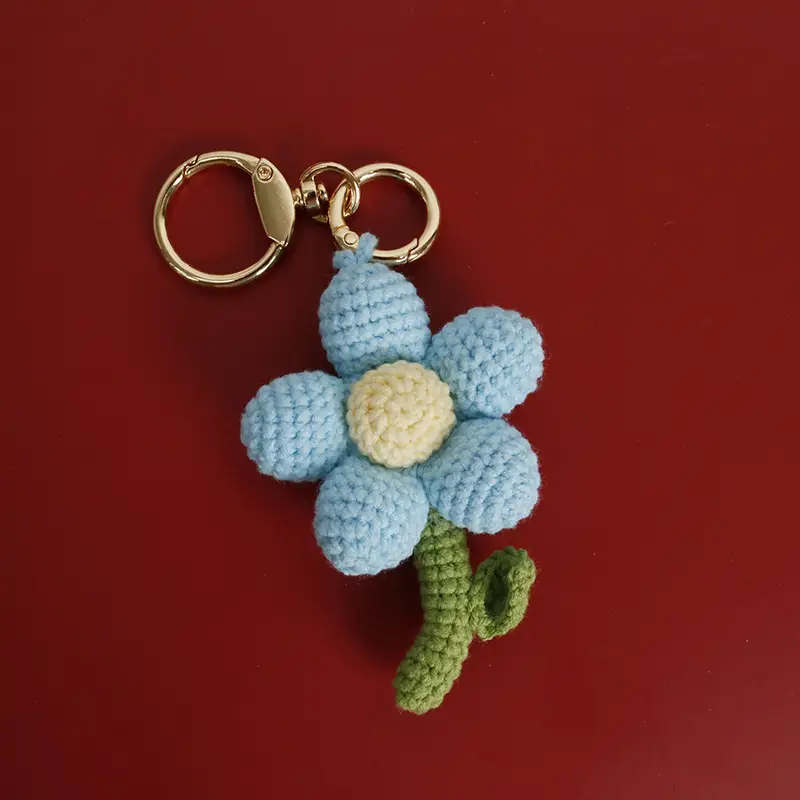 Red Flower Crocheted Pendant with Green Stem