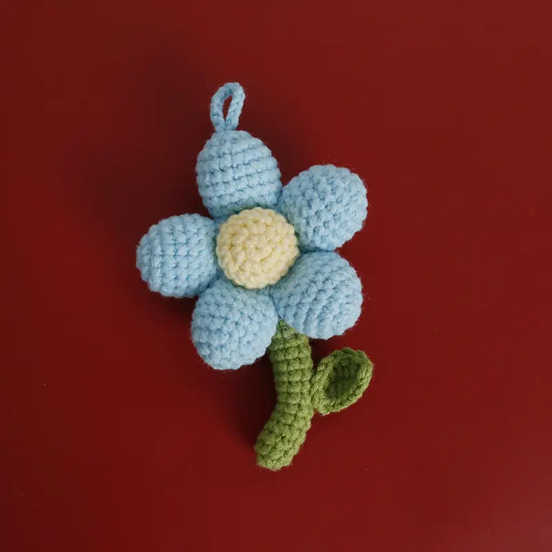 Red Flower Crocheted Pendant with Green Stem