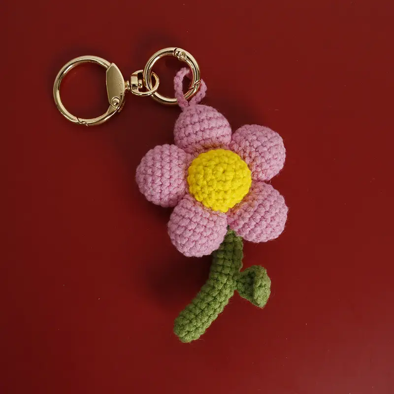 Red Flower Crocheted Pendant with Green Stem