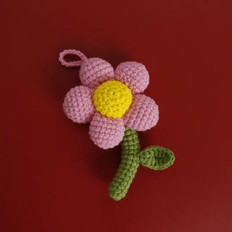 Red Flower Crocheted Pendant with Green Stem