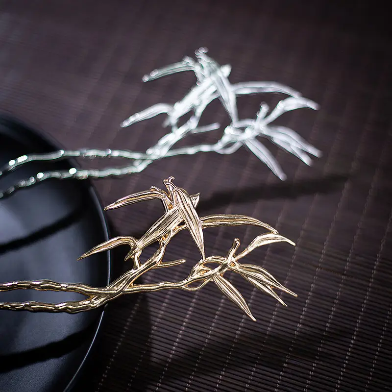 Golden Bamboo Leaf Hairpin Updo for Women - Image 4