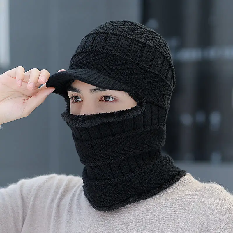 Men Winter One-Piece Neck & Hat Cap Black Wool - Image 6